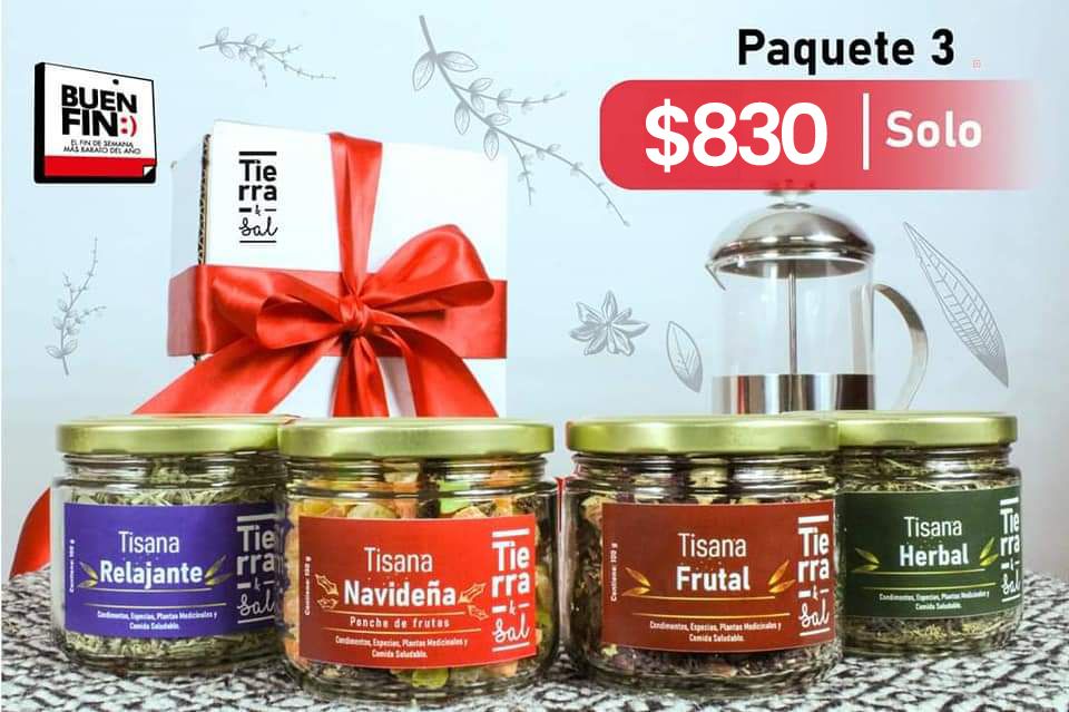 Paquete 3 – Buen Fin | Tisana Relajante + Navideña + Frutal + Herbal + Prensa Francesa